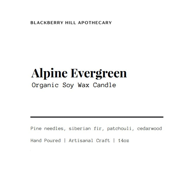 Label for Alpine Evergreen organic soy wax candle from Blackberry Hill Apothecary