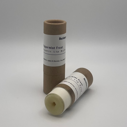 Peppermint essential oil lip balm in a sustainable paper tube.