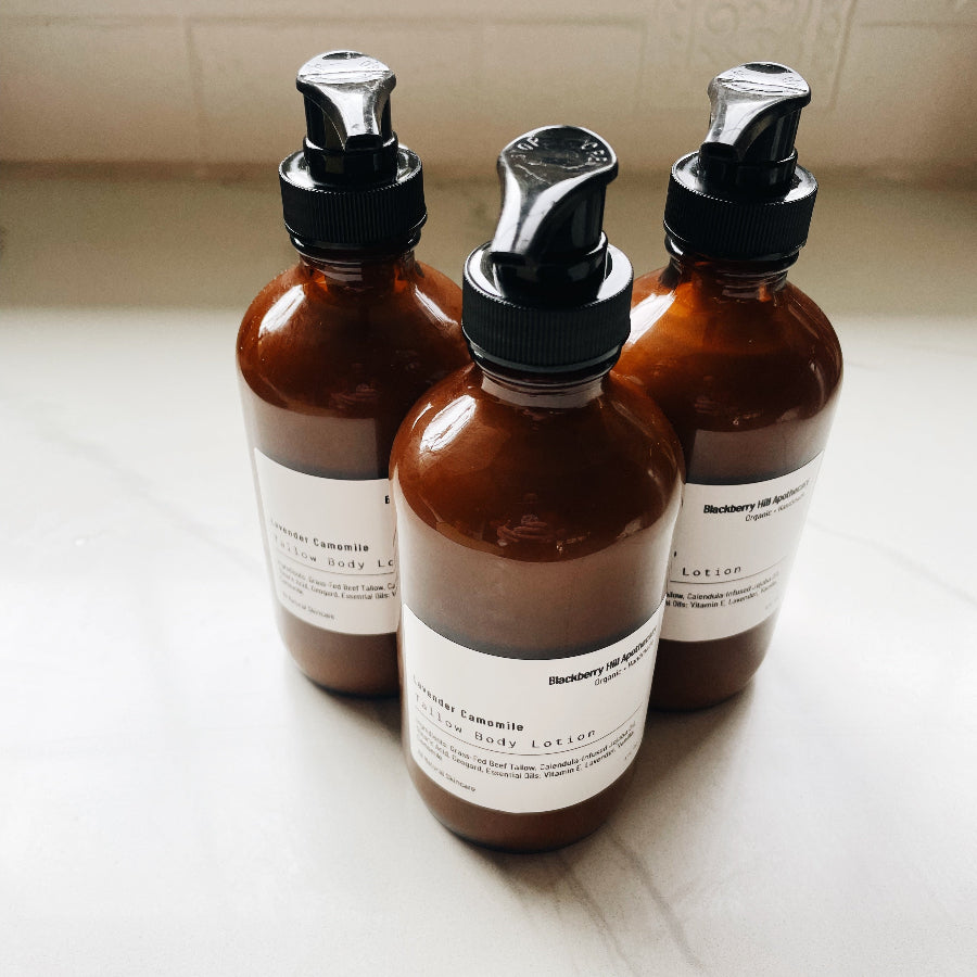 Tallow Body Lotion in glass amber bottles